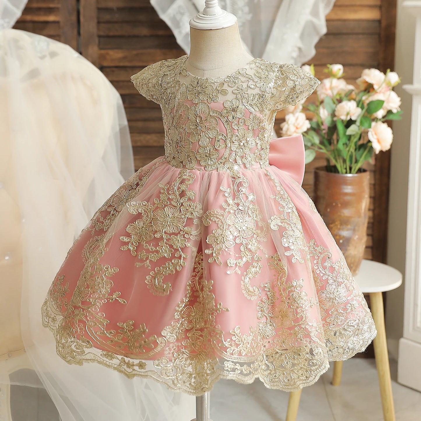 Baby Girl Embroidery Floral Big Bow Wedding Formal