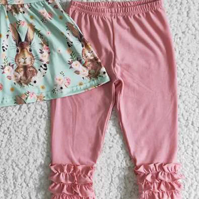 New Spring Fall Fashion Baby Girls Easter Bunny Green Shirt and Pink Pants Cute Set Boutique