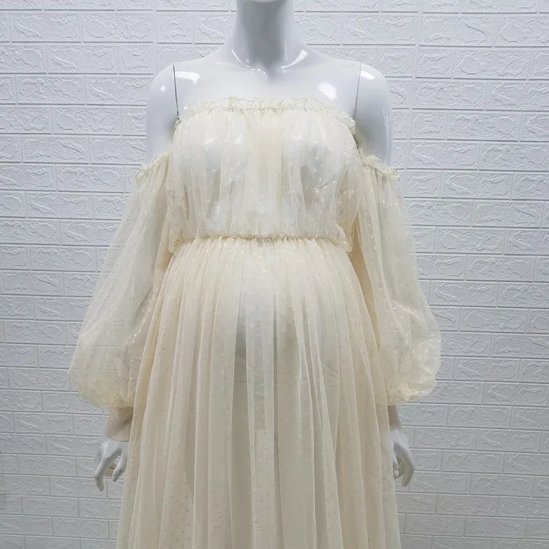 White Dot Tulle Maternity Photography Dress See Through Maternity Photo Shoot Tulle Long Dress