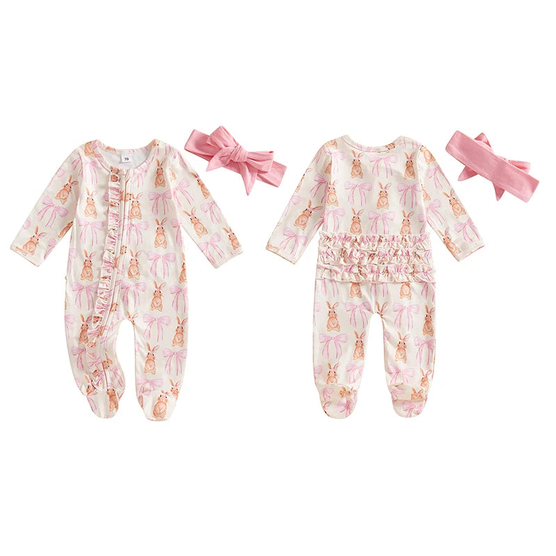 Lovely Baby Girls Easter Footie Romper Rabbit Bow Print Ruffled Zip Up Long SleeveJumpsuits Headband