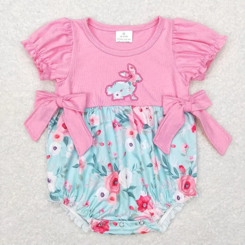 Easter romper boutique embroidery bunny girl pink romper