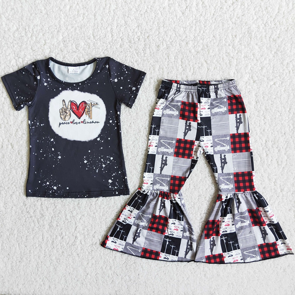 Baby Girls Designer Clothes Kids Fall Girls Short Sleeve Bell Bottom Outfits Toddler Girl Clothes Set