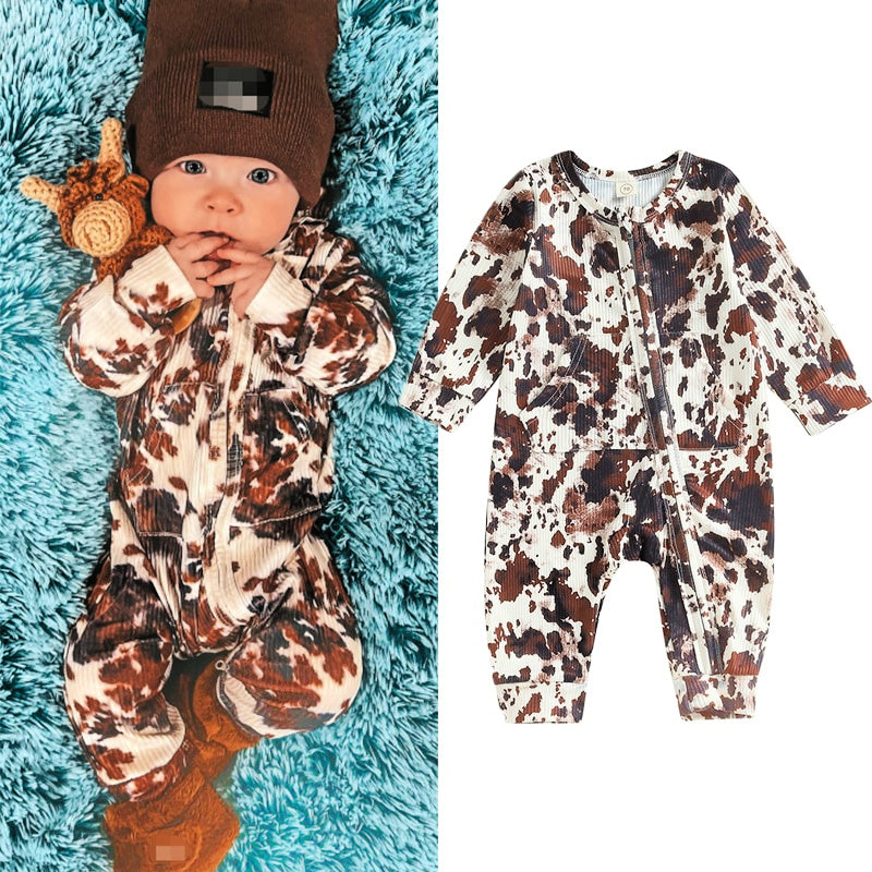 0-18M Autumn Baby Boys Girls Western Jumpsuits Cow Print