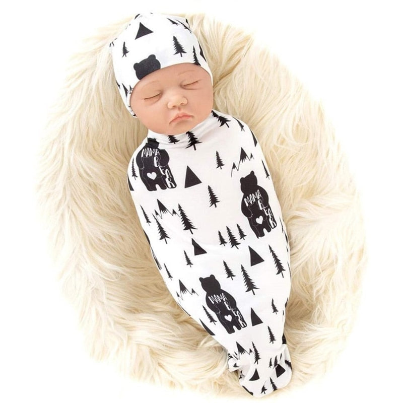 2Pcs Newborn Baby Printing Receiving Blanket Hat Set Infants