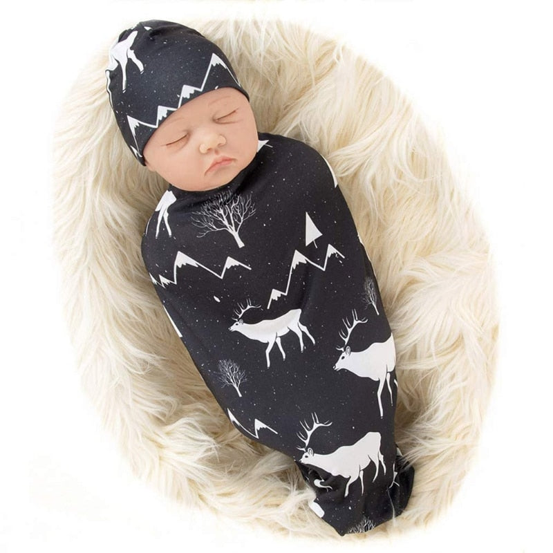 2Pcs Newborn Baby Printing Receiving Blanket Hat Set Infants