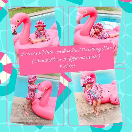 2024 Infant Baby Girl Summer Outfits Flamingo/Flower Print Long Sleeve Zipper Swimwear Jumpsuit Headband Girls Bathing Suits