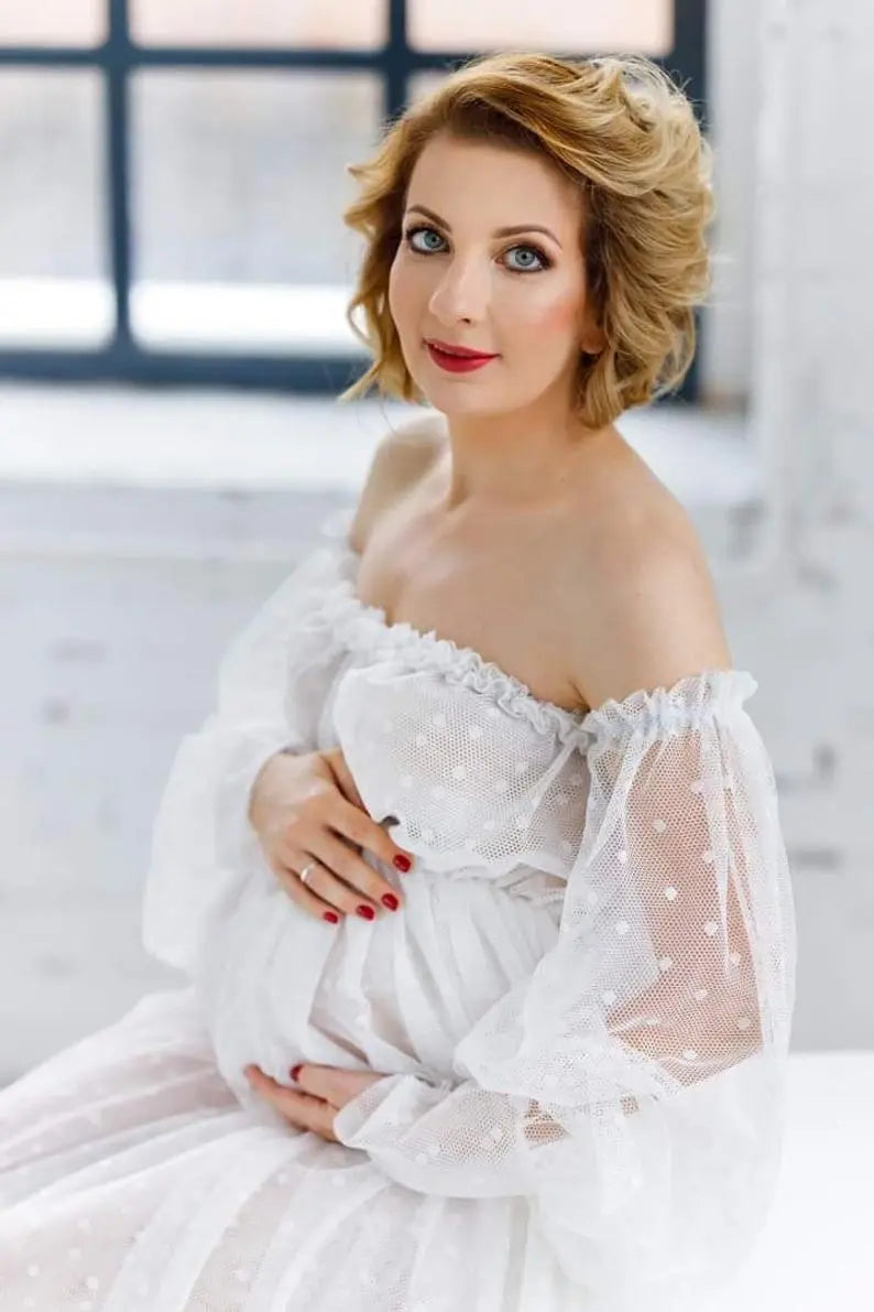 White Dot Tulle Maternity Photography  Dress See Through Maternity Photo Shoot Tulle Long Dress