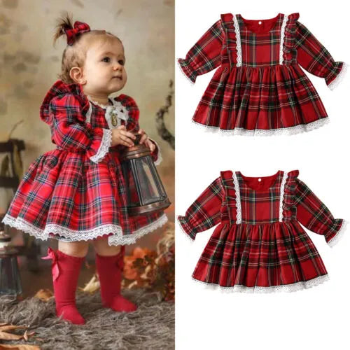 Christmas Dress Baby Girls Red Plaid Lace Ruffles Tutu Princess Party Dress Xmas Outfit Clothes