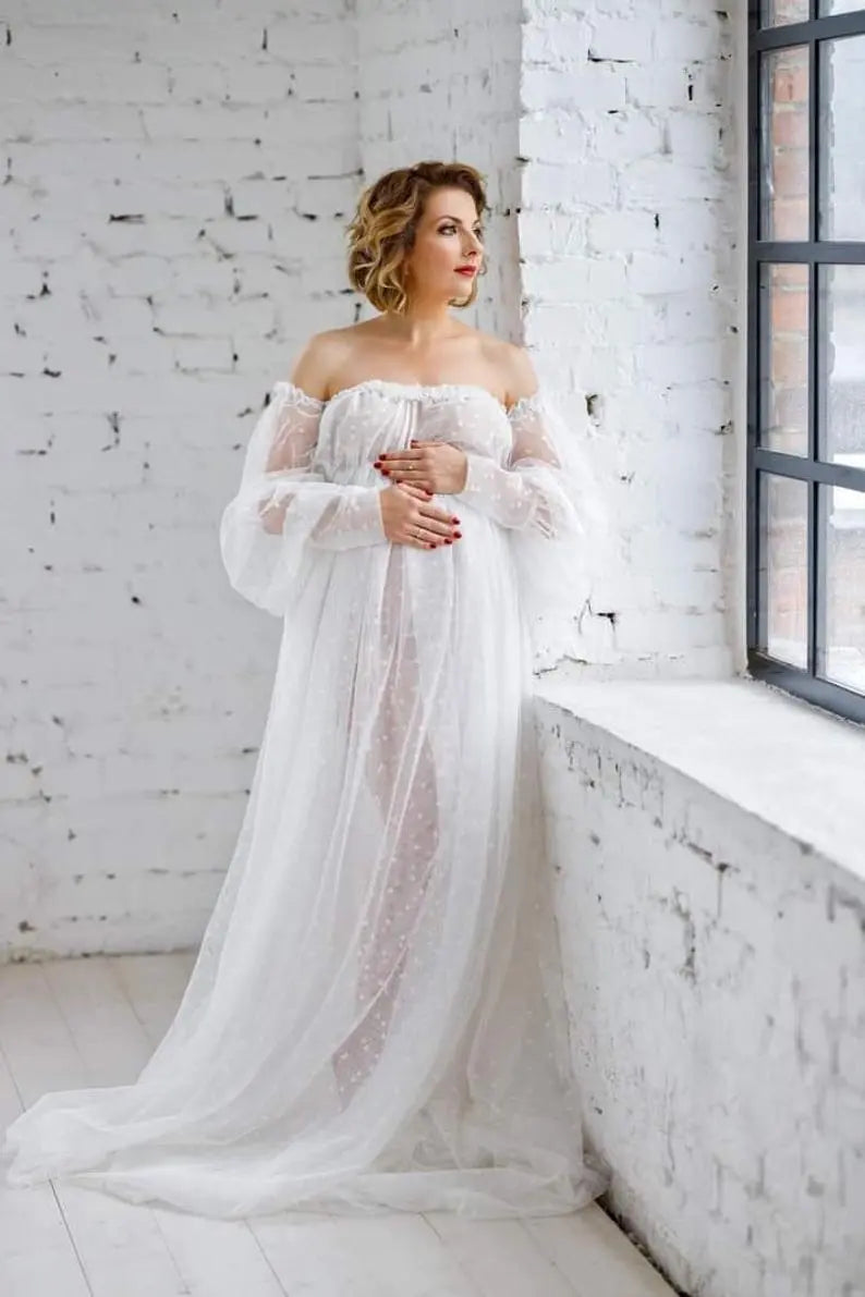 White Dot Tulle Maternity Photography  Dress See Through Maternity Photo Shoot Tulle Long Dress