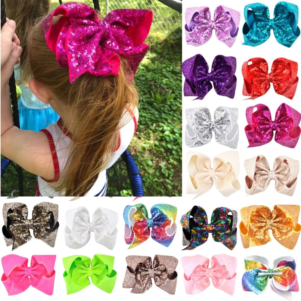 Lovely 8 inch/6 Inch Children Girls Rainbow Large Big Hair Bow Sequins Hair Accessories Women Shining Alligator Party Hair Clips