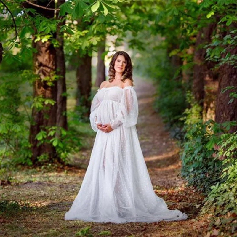 White Dot Tulle Maternity Photography  Dress See Through Maternity Photo Shoot Tulle Long Dress