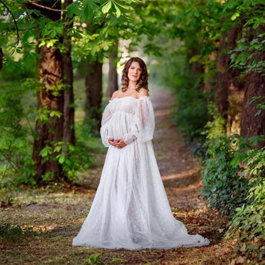 White Dot Tulle Maternity Photography  Dress See Through Maternity Photo Shoot Tulle Long Dress