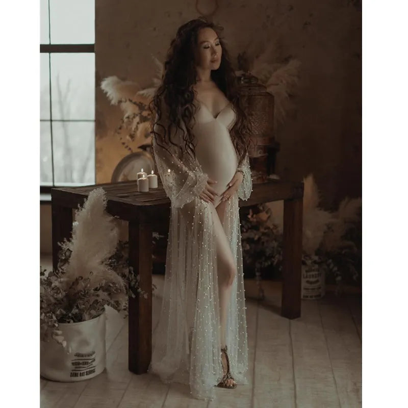 Beading Pearl Maternity Photography Long Dress Full Sleeve Tulle Long Dress For Maternity Photo Shoot