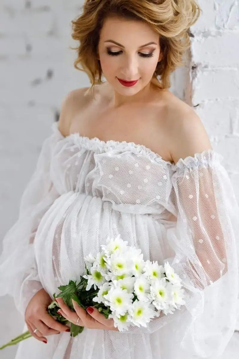 White Dot Tulle Maternity Photography  Dress See Through Maternity Photo Shoot Tulle Long Dress