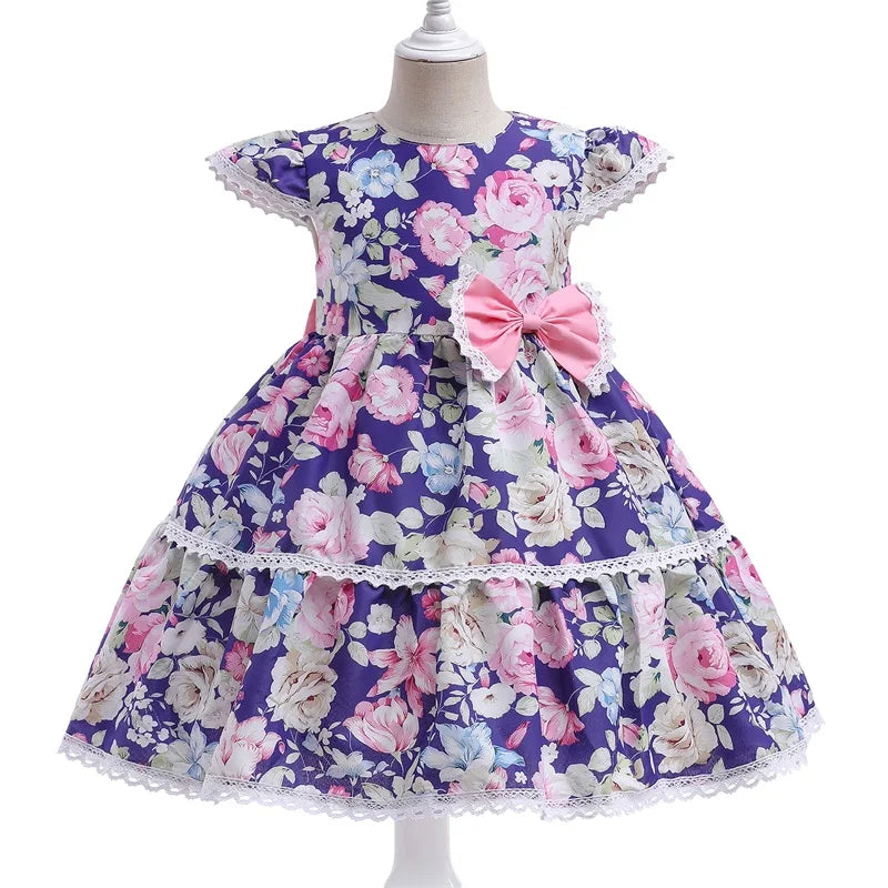 Girls Boutique Dress Baby Birthday Party Dresses Kids Lace Bow Embroidery Gown Clothing 1-5