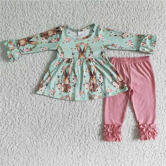 New Spring Fall Fashion Baby Girls Easter Bunny Green Shirt and Pink Pants Cute Set Boutique