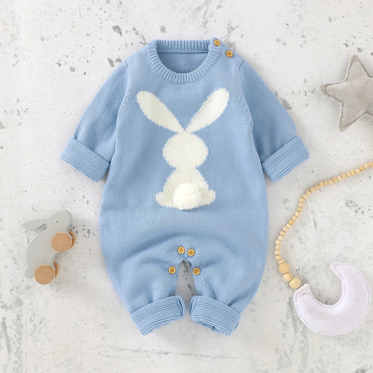 Cute Rabbit Pom Pom Newborn Toddler Jumpsuit Outfit Knitted Warm