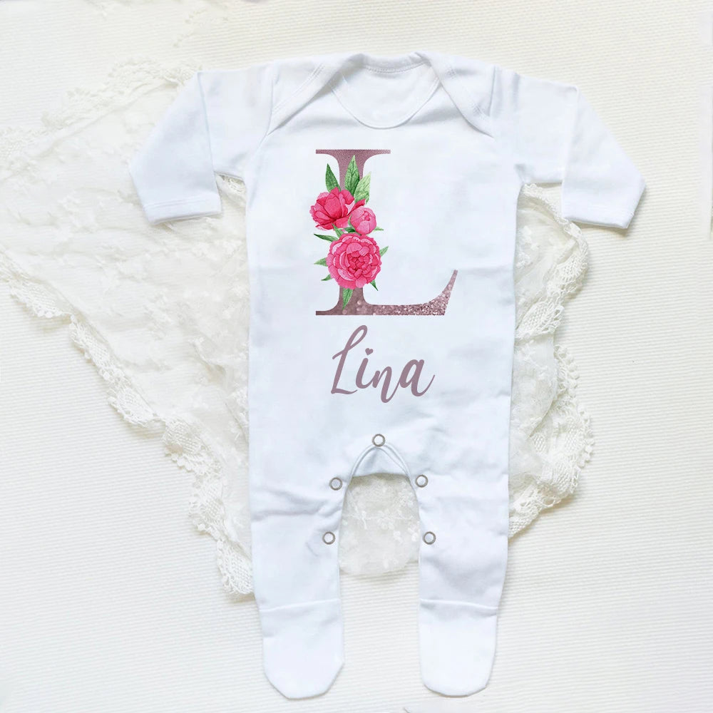 Personalised Baby Sleepsuit Custom Sleepsuit Flower Letter Infant Bodysuit Baby Girl Newbron Shower Gift