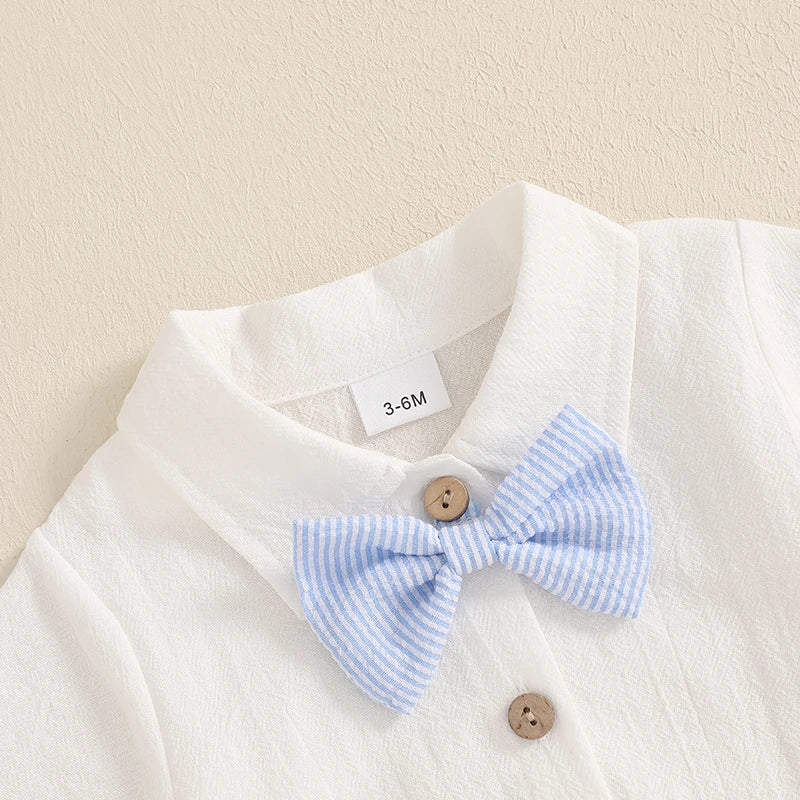 Baby Boys Gentleman 3 PieceSets Solid Short Sleeve Lapel Neck Romper Stripe Suspender Shorts Bowtie