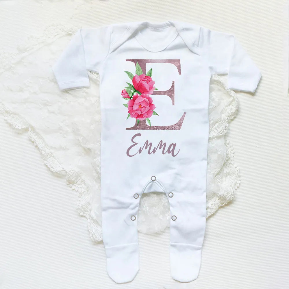 Personalised Baby Sleepsuit Custom Sleepsuit Flower Letter Infant Bodysuit Baby Girl Newbron Shower Gift