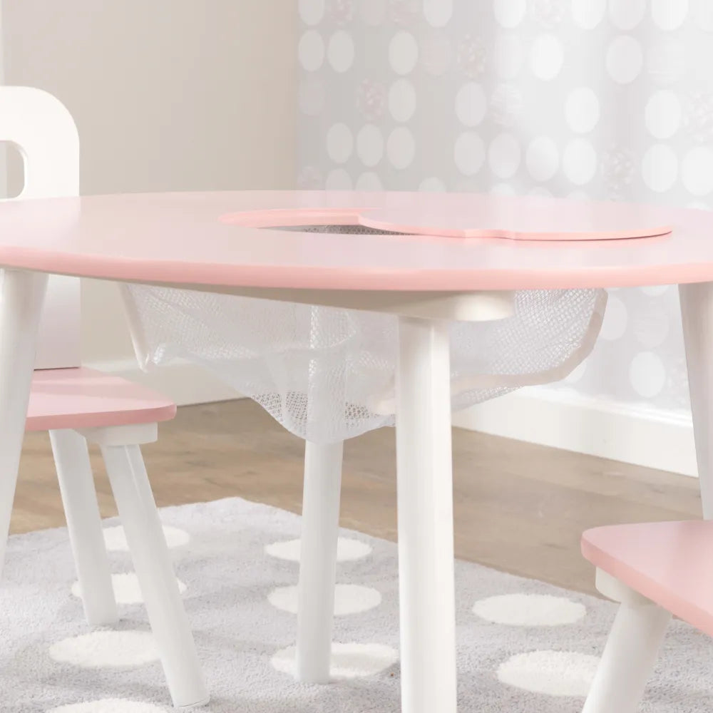 Wooden Kids Round Storage Table & 2 Chair Set, Pink & White