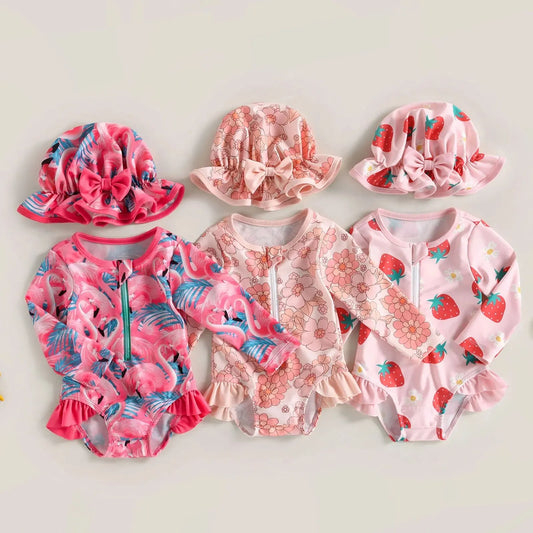 2024 Infant Baby Girl Summer Outfits Flamingo/Flower Print Long Sleeve Zipper Swimwear Jumpsuit Headband Girls Bathing Suits