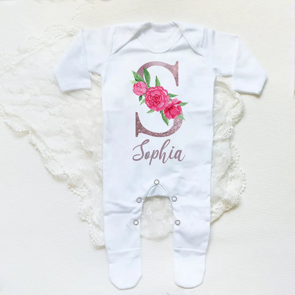 Personalised Baby Sleepsuit Custom Sleepsuit Flower Letter Infant Bodysuit Baby Girl Newbron Shower Gift