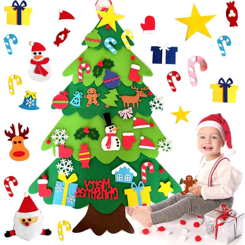 Home Decoration DIY Felt Christmas Tree Wall Hanging Artificial Xmas Tree with Santa Claus Snowflakes Ornament New Year Kid Gift