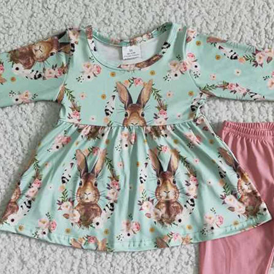 New Spring Fall Fashion Baby Girls Easter Bunny Green Shirt and Pink Pants Cute Set Boutique