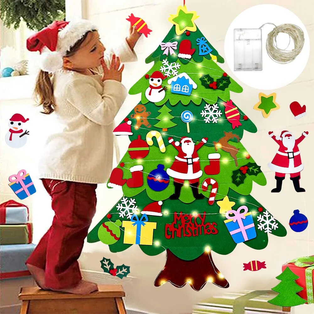 Home Decoration DIY Felt Christmas Tree Wall Hanging Artificial Xmas Tree with Santa Claus Snowflakes Ornament New Year Kid Gift