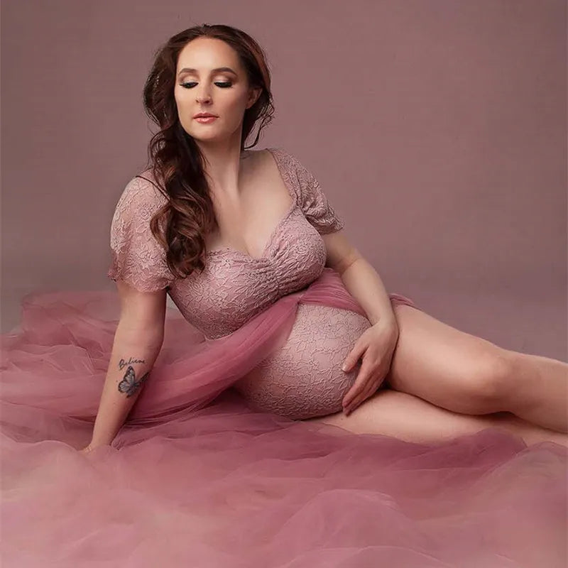 Maternity Photography Tulle Dresses Bodysuit Outfit Pregnant Woman Photo Shoot Bodysuit with Tulle Dress