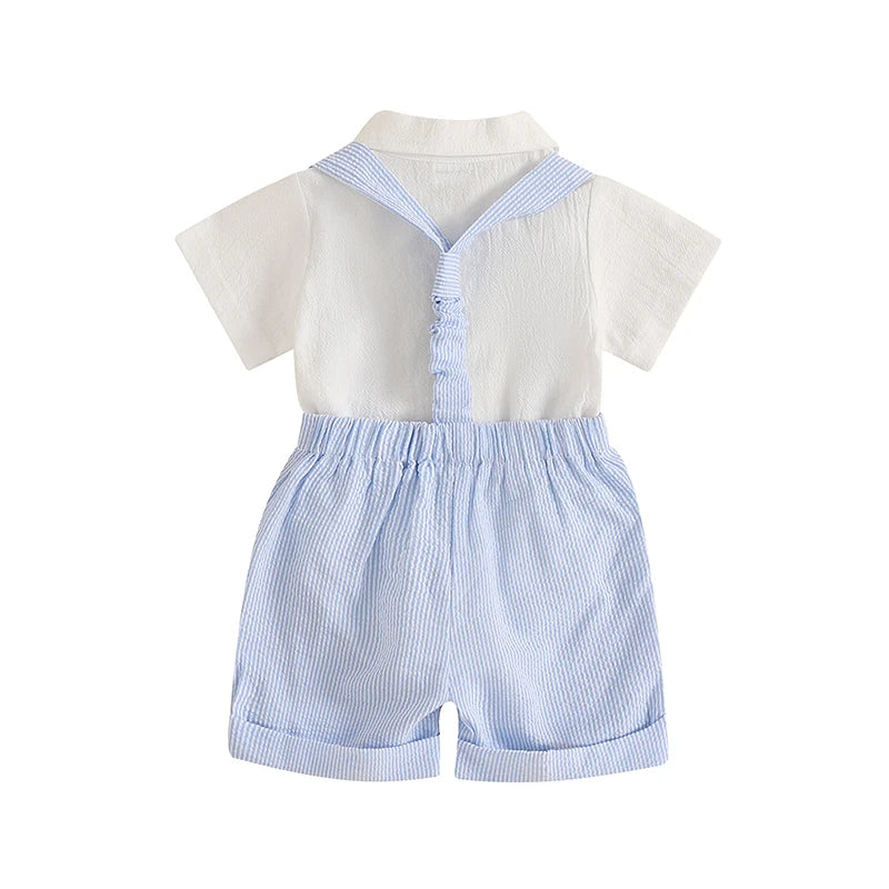 Baby Boys Gentleman 3 PieceSets Solid Short Sleeve Lapel Neck Romper Stripe Suspender Shorts Bowtie
