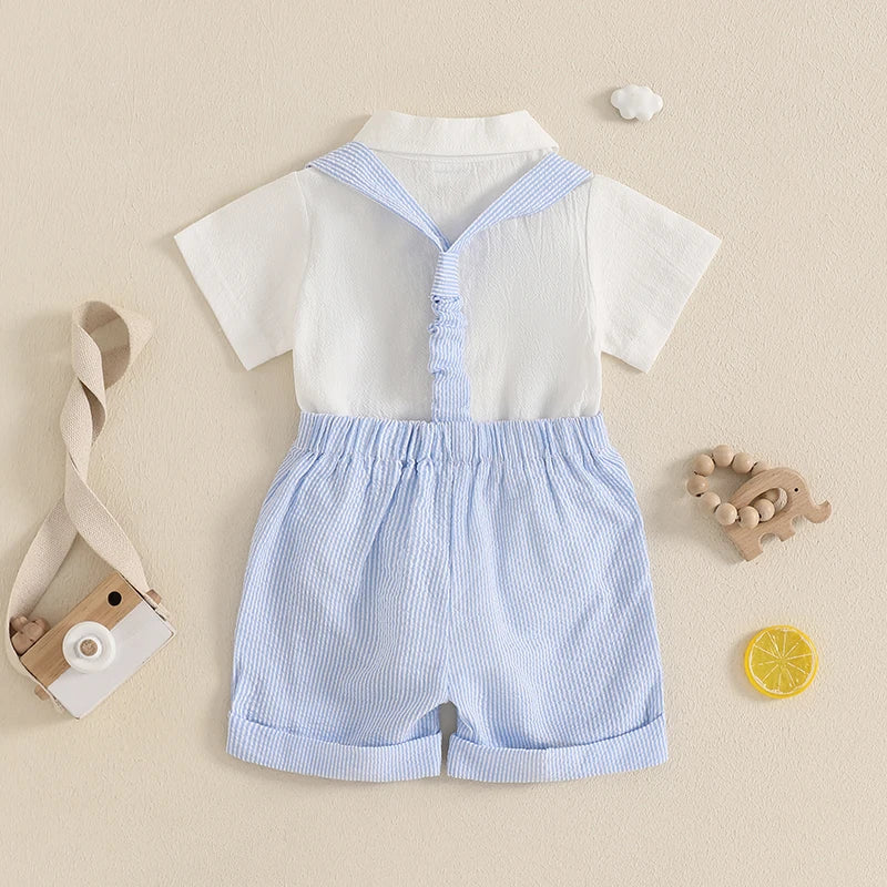 Baby Boys Gentleman 3 PieceSets Solid Short Sleeve Lapel Neck Romper Stripe Suspender Shorts Bowtie