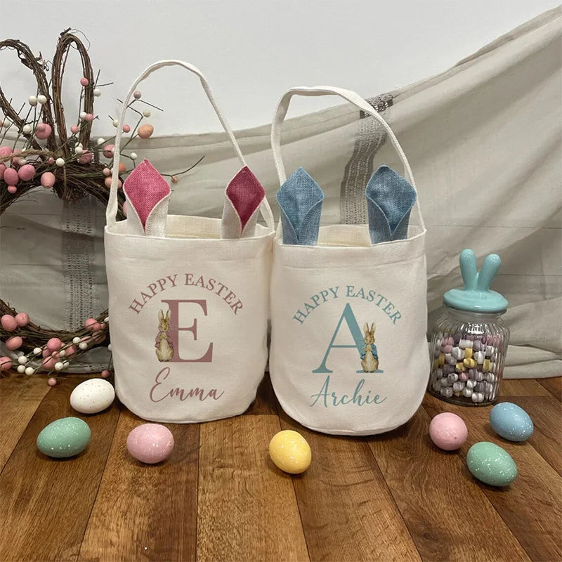 Personalised name Letter initial Bunny happy Easter party rabbit bag Egg Hunt basket children kid boy girl gift Sack toy Bucket