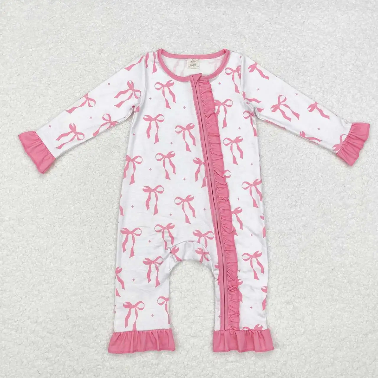 Newborn Baby Girls Pretty Pink Bow Print Soft Long Sleeve Zippy Bamboo Romper
