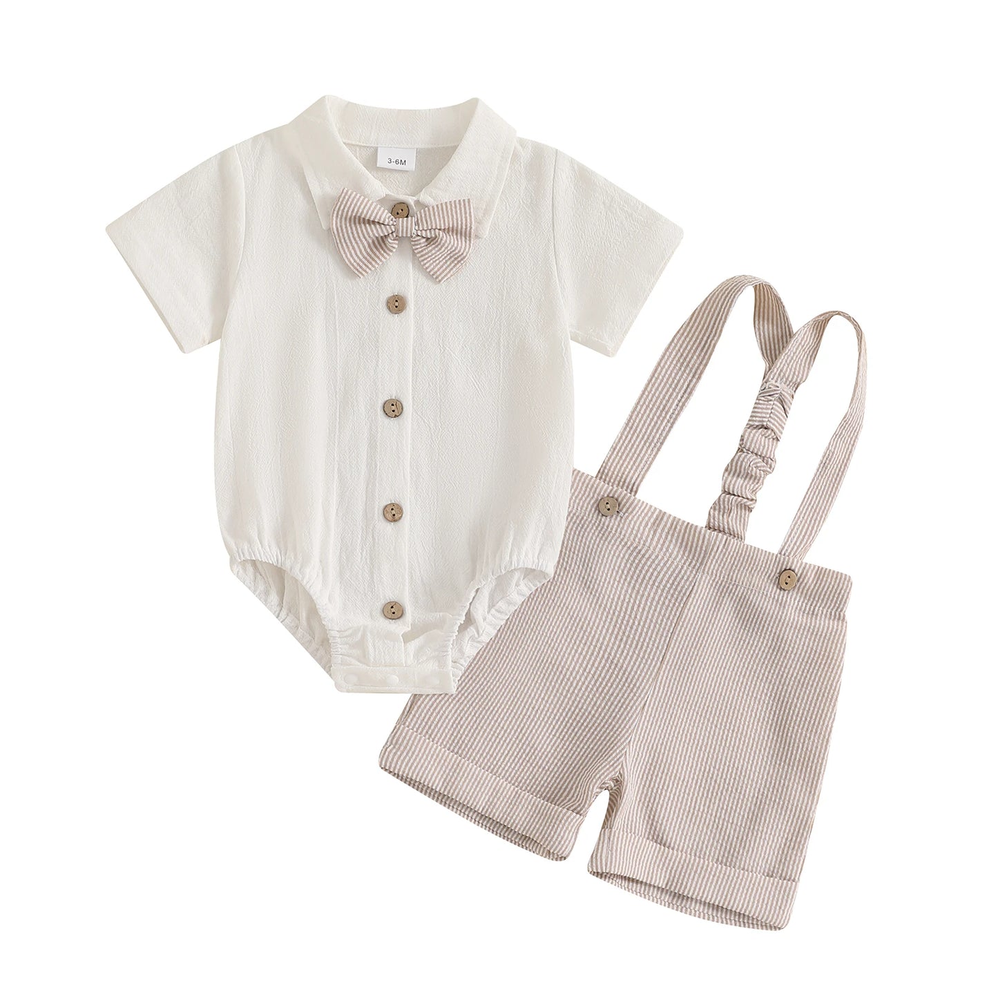 Baby Boys Gentleman 3 PieceSets Solid Short Sleeve Lapel Neck Romper Stripe Suspender Shorts Bowtie