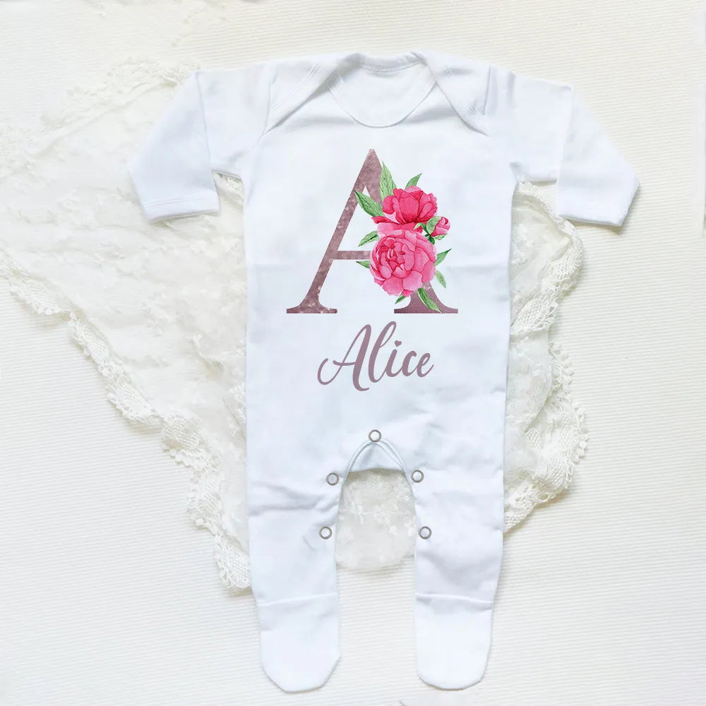 Personalised Baby Sleepsuit Custom Sleepsuit Flower Letter Infant Bodysuit Baby Girl Newbron Shower Gift