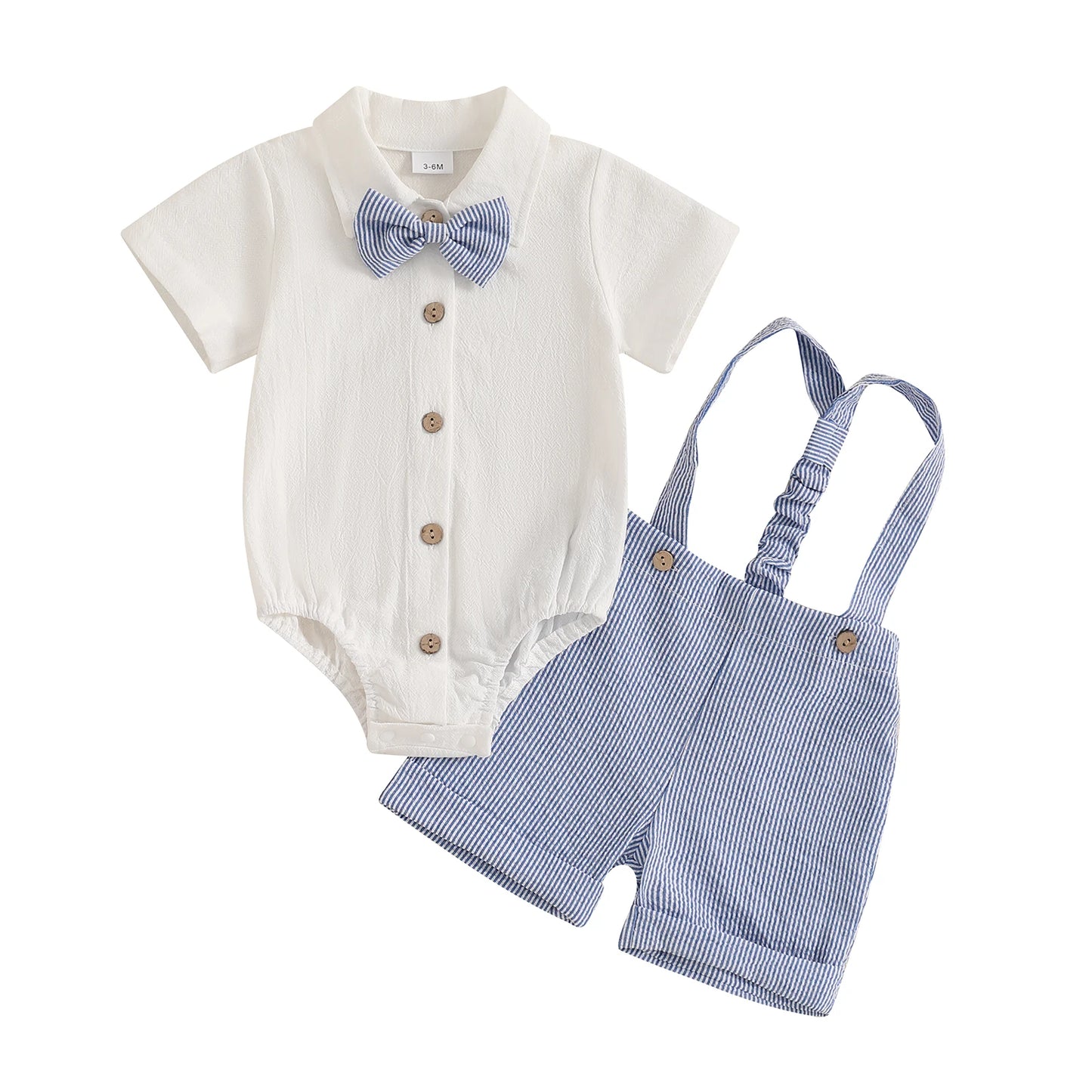 Baby Boys Gentleman 3 PieceSets Solid Short Sleeve Lapel Neck Romper Stripe Suspender Shorts Bowtie