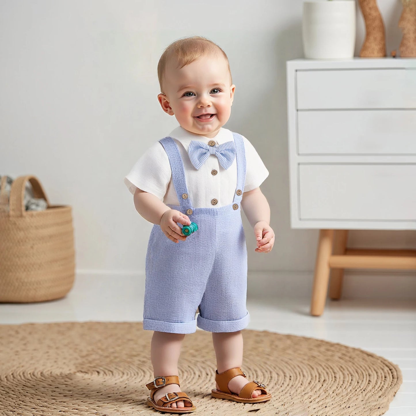 Baby Boys Gentleman 3 PieceSets Solid Short Sleeve Lapel Neck Romper Stripe Suspender Shorts Bowtie