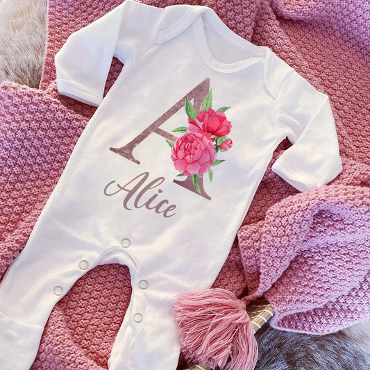 Personalised Baby Sleepsuit Custom Sleepsuit Flower Letter Infant Bodysuit Baby Girl Newbron Shower Gift