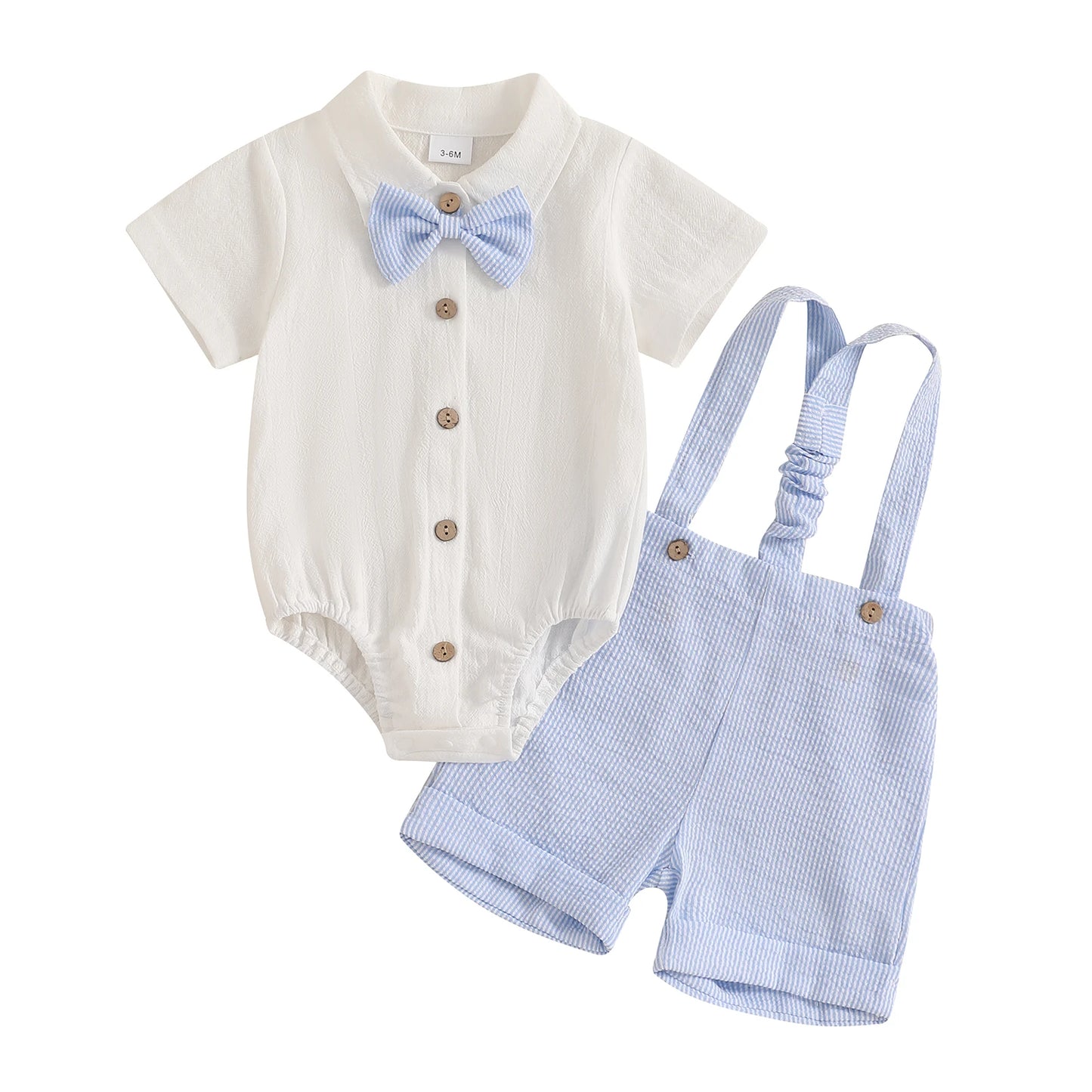 Baby Boys Gentleman 3 PieceSets Solid Short Sleeve Lapel Neck Romper Stripe Suspender Shorts Bowtie