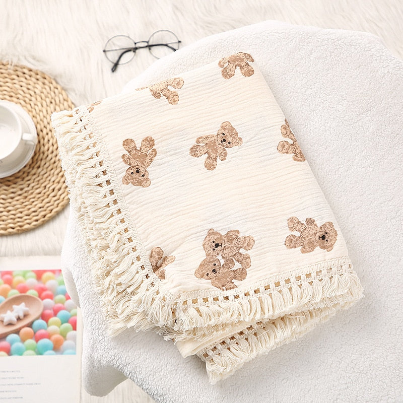 Cotton Muslin Swaddle Blankets for Newborn Baby Tassel