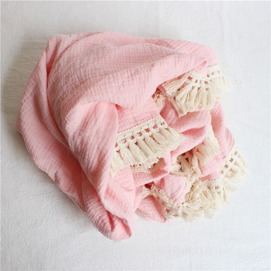 Cotton Muslin Swaddle Blankets for Newborn Baby Tassel