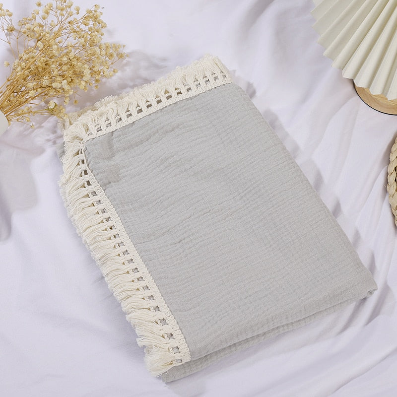 Cotton Muslin Swaddle Blankets for Newborn Baby Tassel