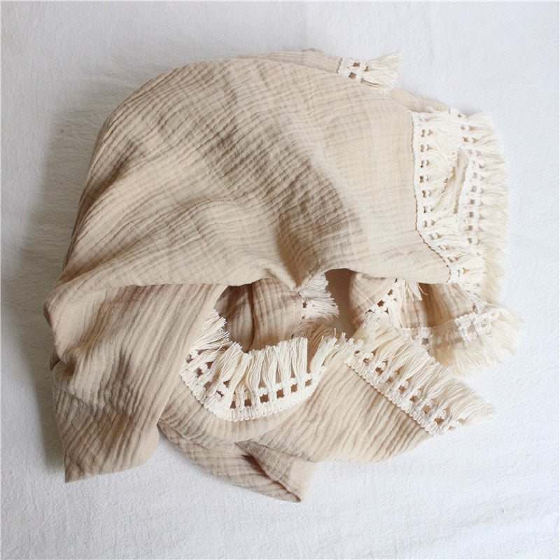 Cotton Muslin Swaddle Blankets for Newborn Baby Tassel