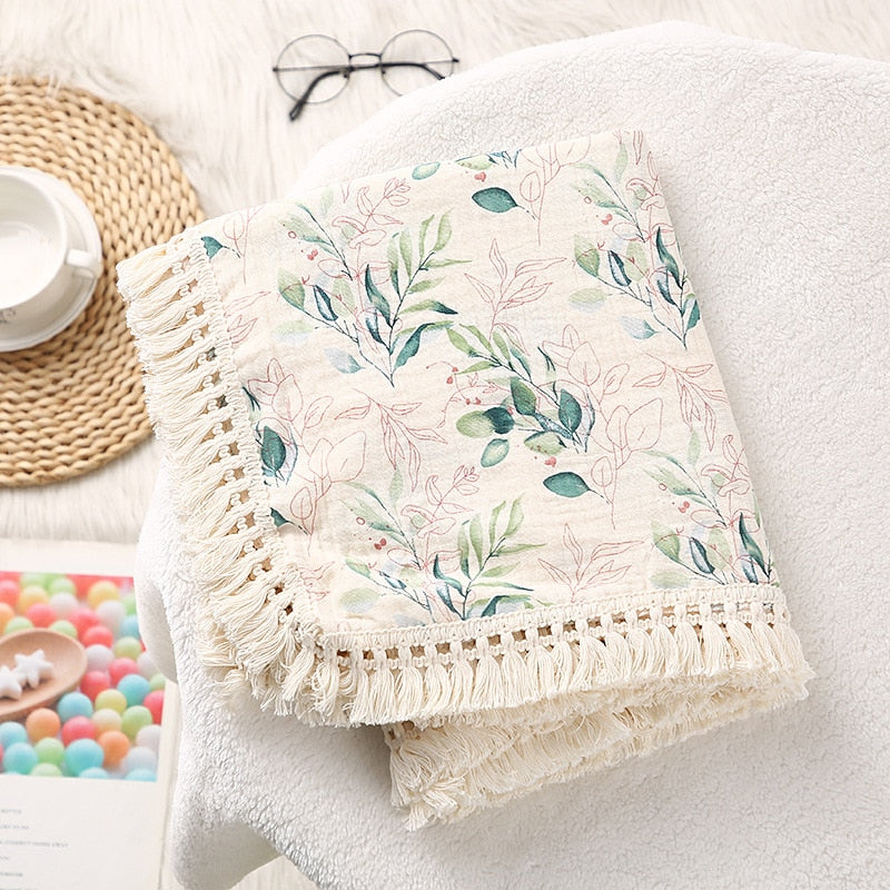 Cotton Muslin Swaddle Blankets for Newborn Baby Tassel