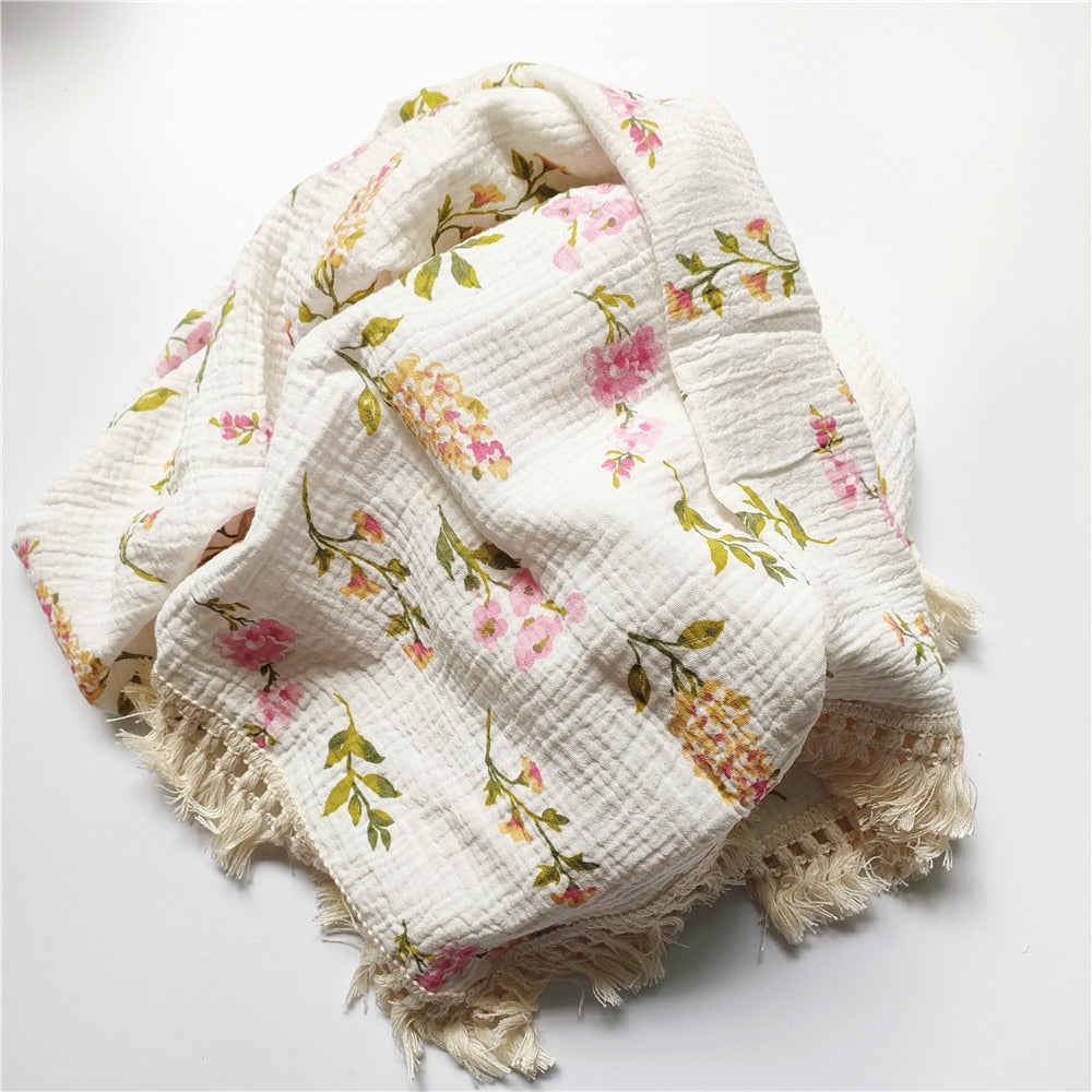 Cotton Muslin Swaddle Blankets for Newborn Baby Tassel