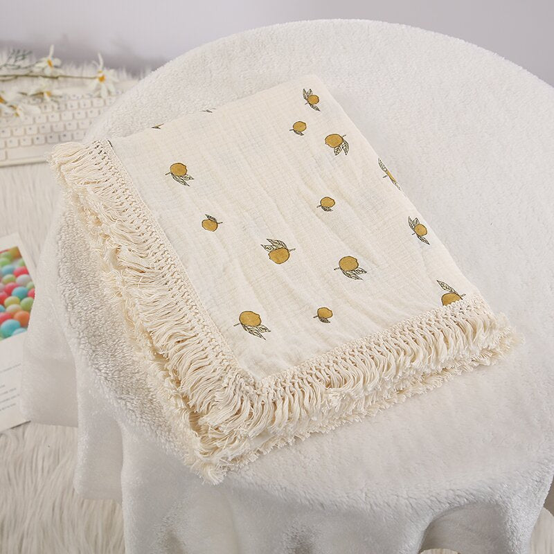 Cotton Muslin Swaddle Blankets for Newborn Baby Tassel