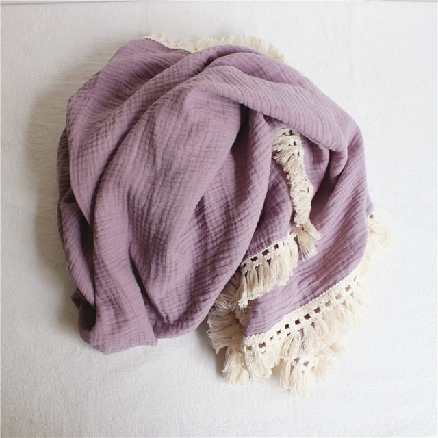 Cotton Muslin Swaddle Blankets for Newborn Baby Tassel