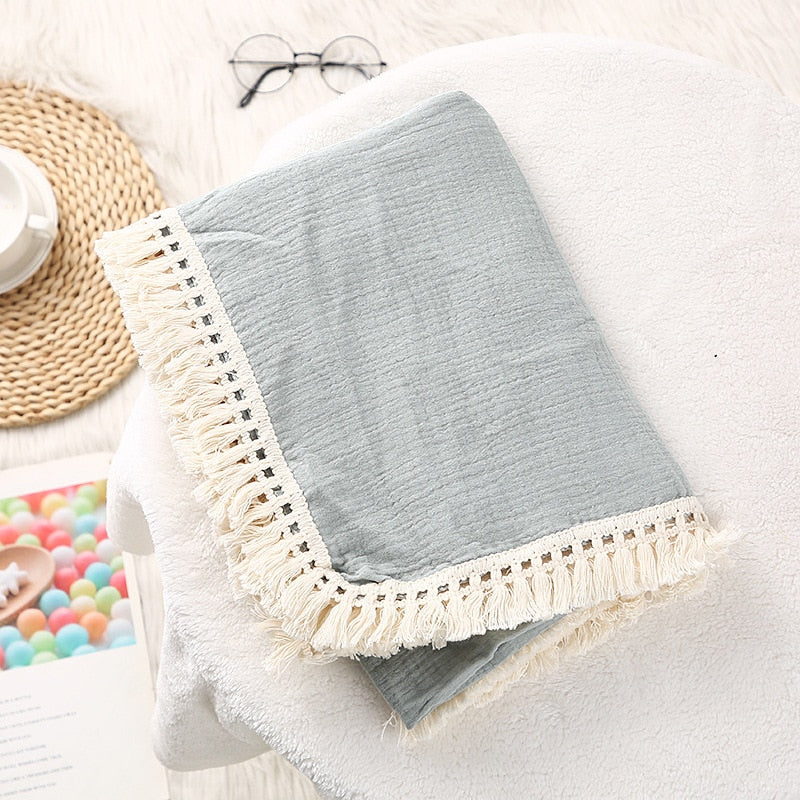 Cotton Muslin Swaddle Blankets for Newborn Baby Tassel